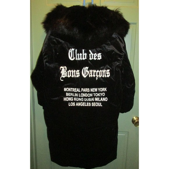 Club des Bons Garcon Black Full Zip Lined Faux Fur Hooded Parka Jacket Size 38